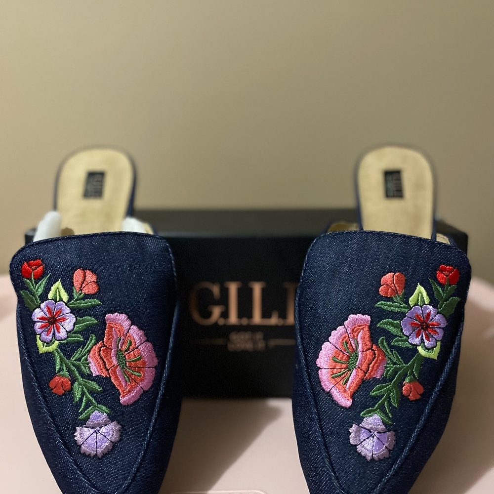 Gilli Floral Embroidered Mules - Dark Blue